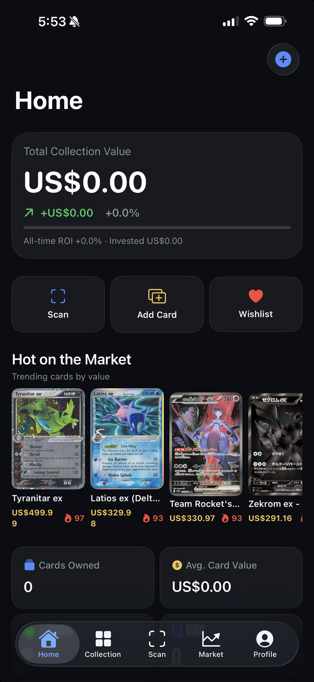 VaultDex app home screen: total collection value and trending Pokémon cards with live prices